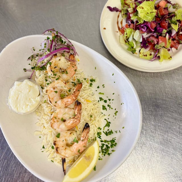 (LS) Shrimp Kebab Rice and Salad.